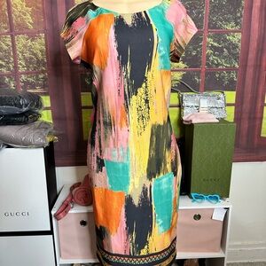 Beige by ECI Colorful Abstract Midi Scuba Dress Sz 10